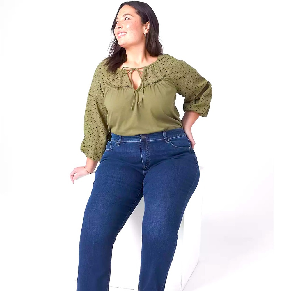Lane Bryant cotton top with full eyelet sleeves and bodice